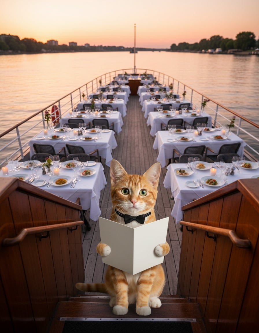 A ginger cat in a bow tie welcomes guests to an elegant restaurant on a riverboat at sunset.