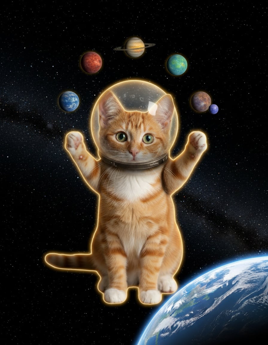 A ginger tabby cat in a space helmet juggles six small planets while floating in space.