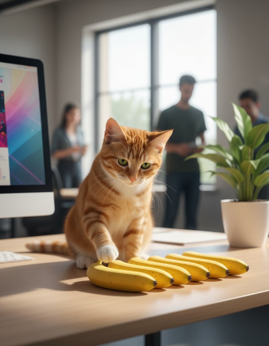 A ginger tabby cat lines up seven bananas in a row on an office desk.