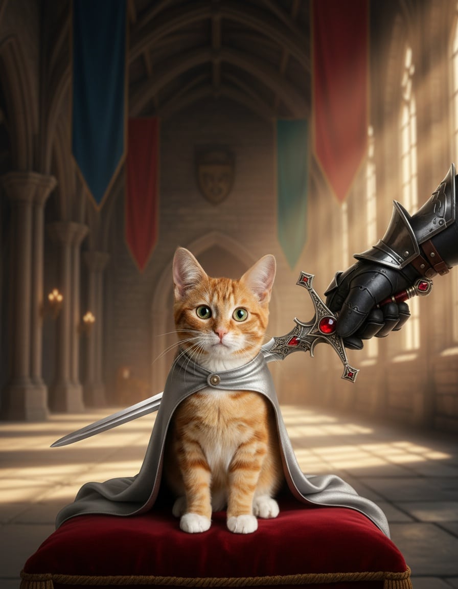 A ginger tabby cat kneels on a velvet cushion while a gloved hand knights it with a ceremonial sword in a castle hall.