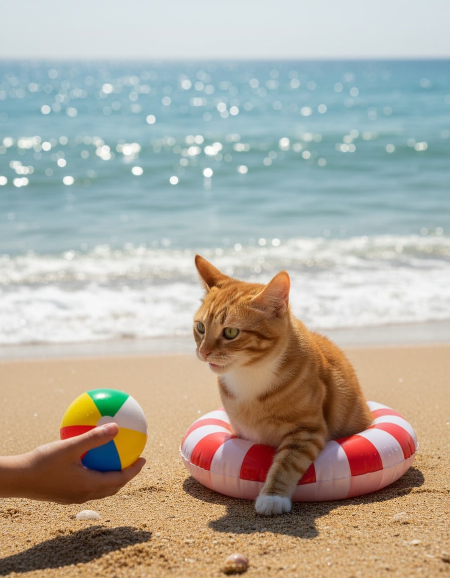 A ginger cat in a swim ring nods eagerly at the sparkling sea on a sunny beach.