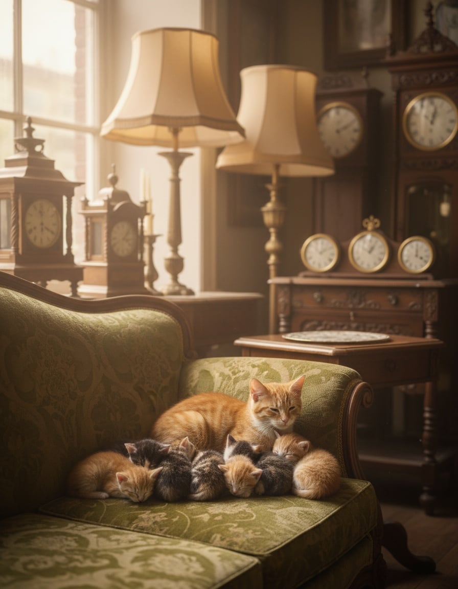 A ginger tabby cat squeezes onto a velvet settee crowded with seven kittens in an antique shop.