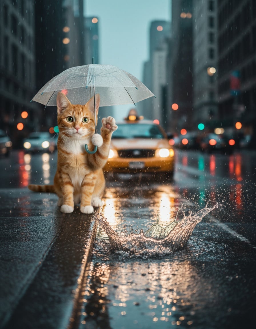 A ginger cat with a tiny umbrella hails a yellow taxi on a rainy street.