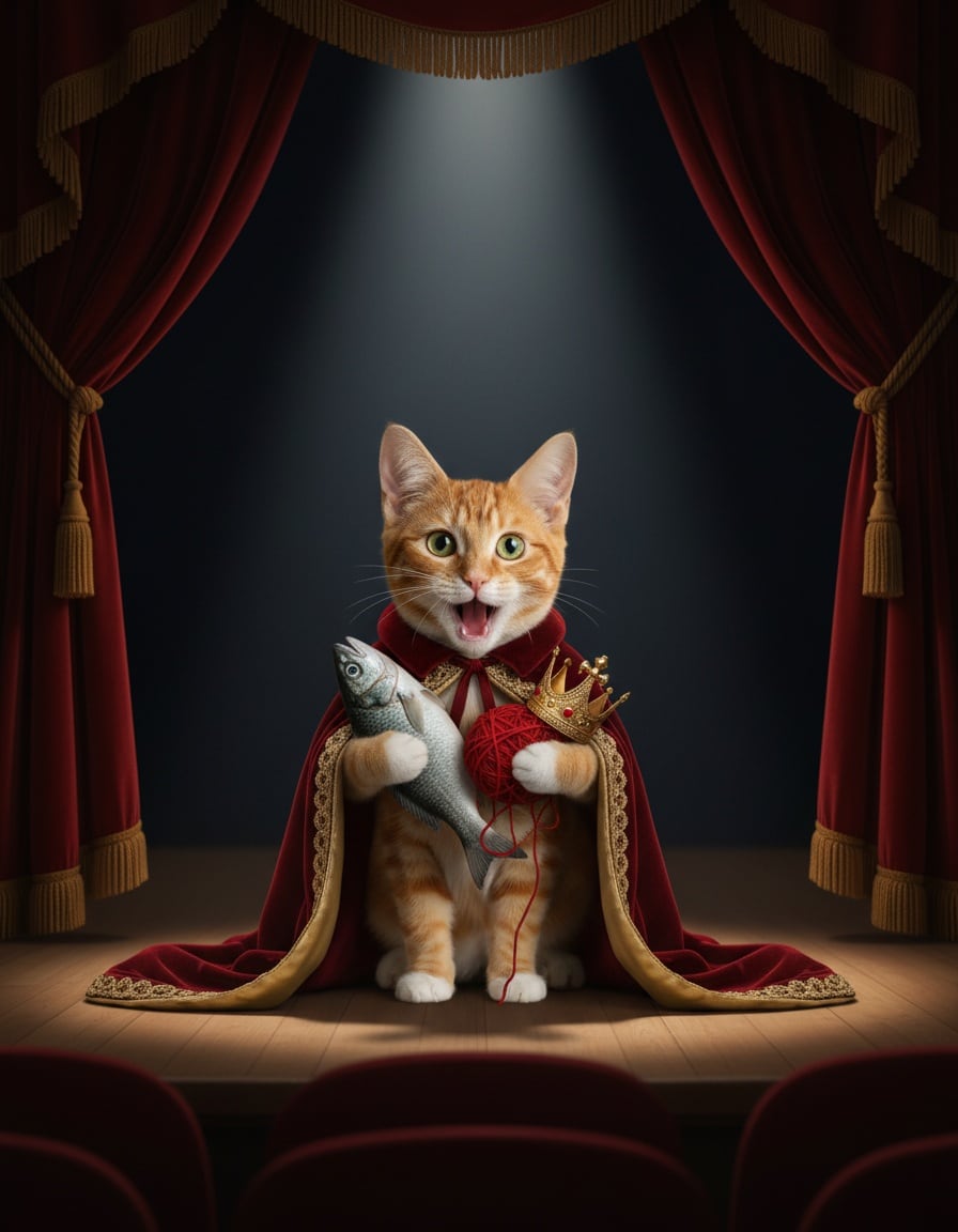A ginger cat in a cape sings on a theater stage while holding a fish, a crown and a ball of yarn.