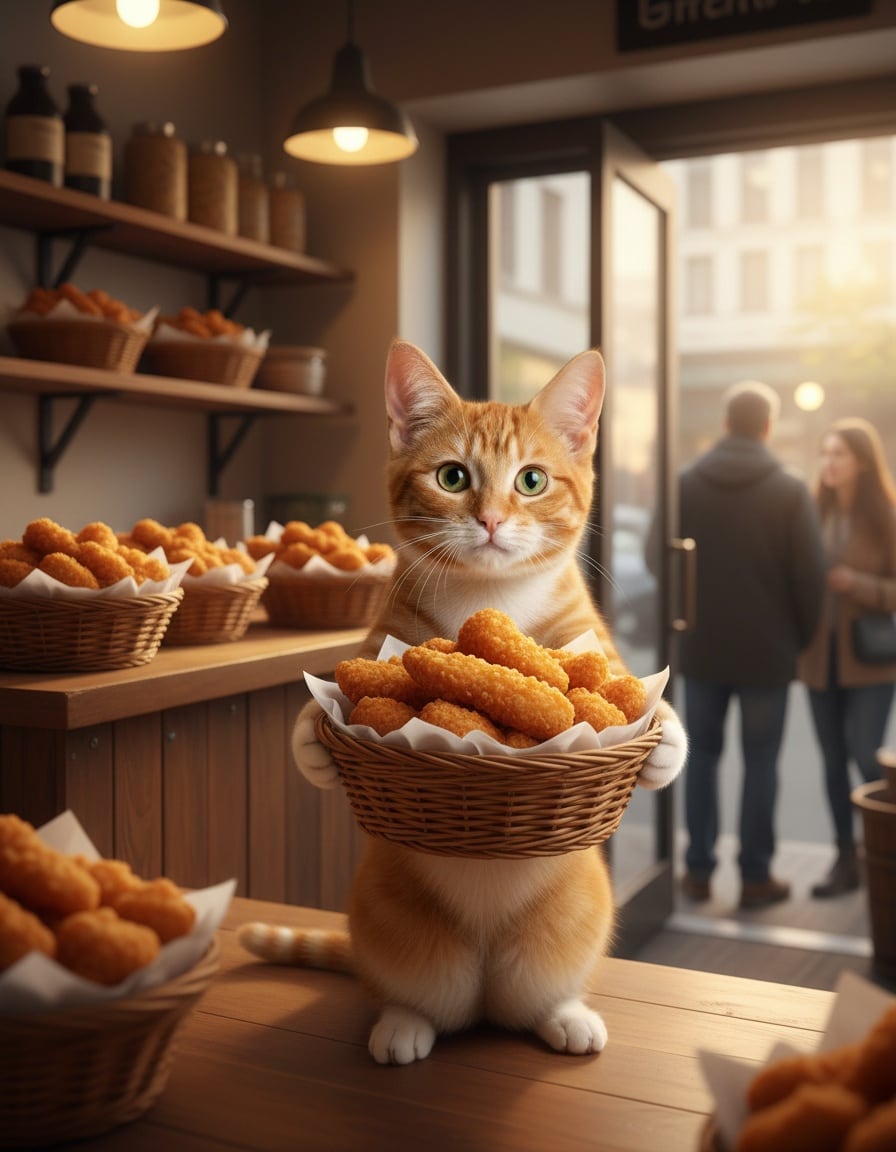 A ginger cat runs a small shop counter piled with baskets of chicken tenders.