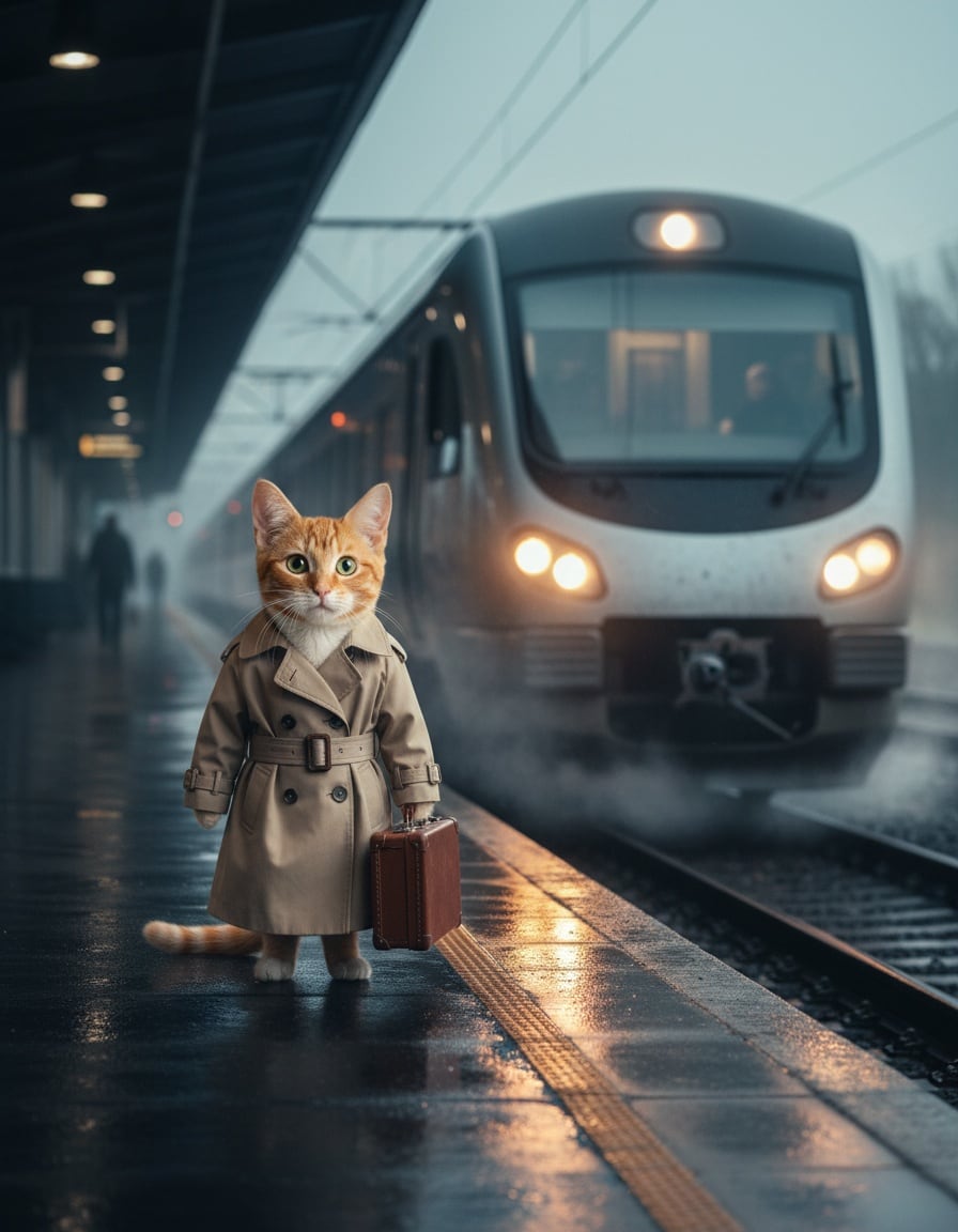 A ginger cat in a trench coat waits on a station platform as a train arrives.