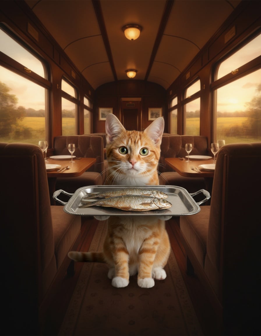 A ginger cat carries a silver tray with three fish through a train dining car.