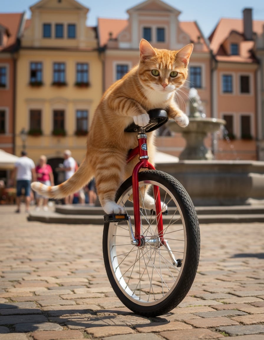A ginger tabby cat rides a red one-wheeled unicycle across a sunny cobblestone square.