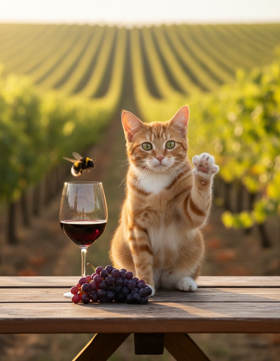 A ginger cat raises a paw to stop a bee from reaching a glass of red wine in a vineyard.