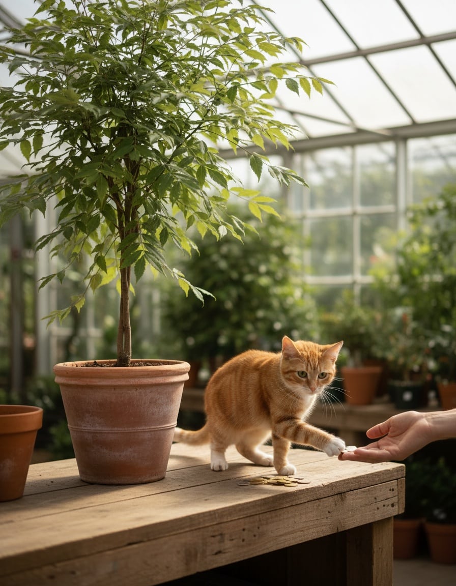 A ginger tabby cat pays with coins for a young potted tree at a garden centre counter.