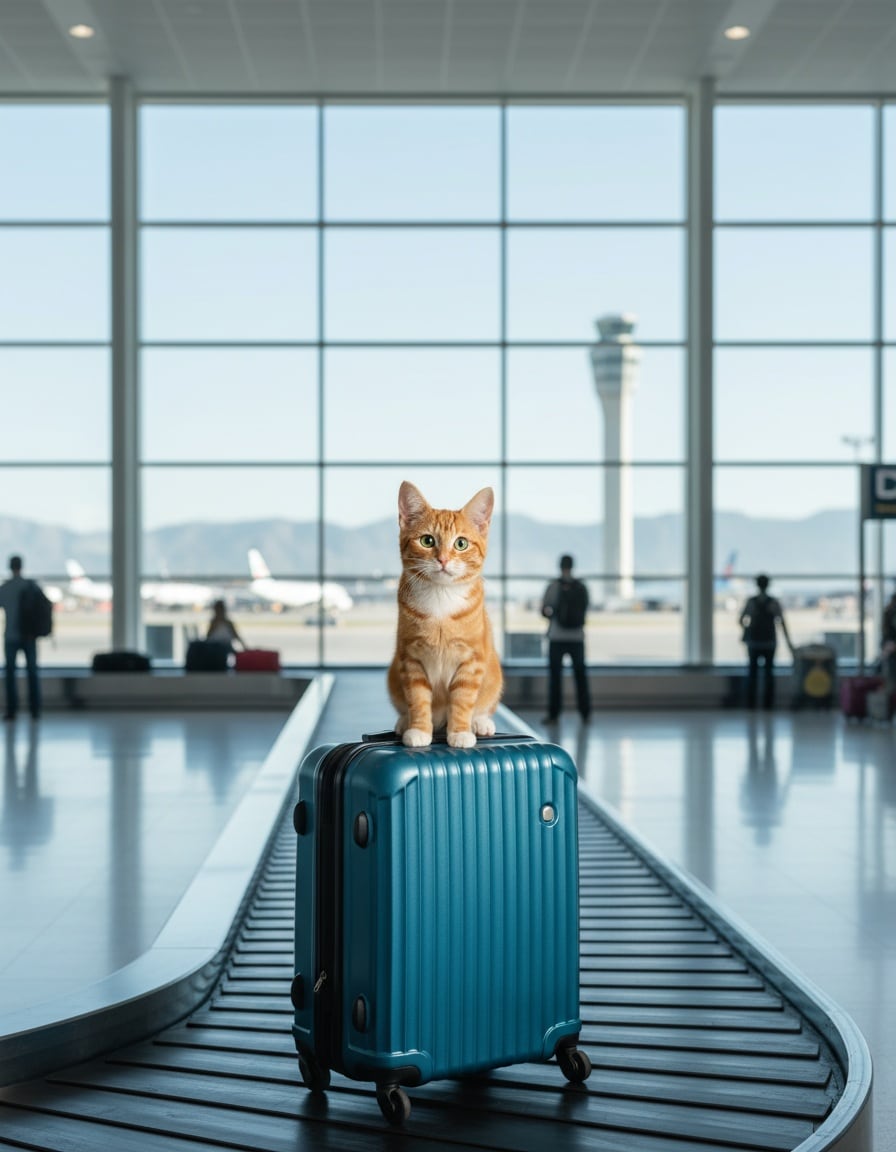 A ginger tabby cat rides a suitcase on a baggage carousel in a bright airport terminal with planes outside.