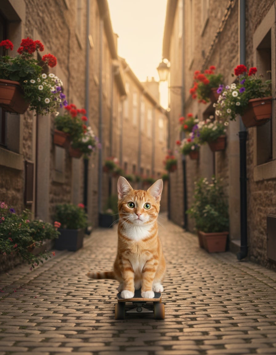 Pixa the cat speeds down a narrow cobblestone alley on a skateboard.