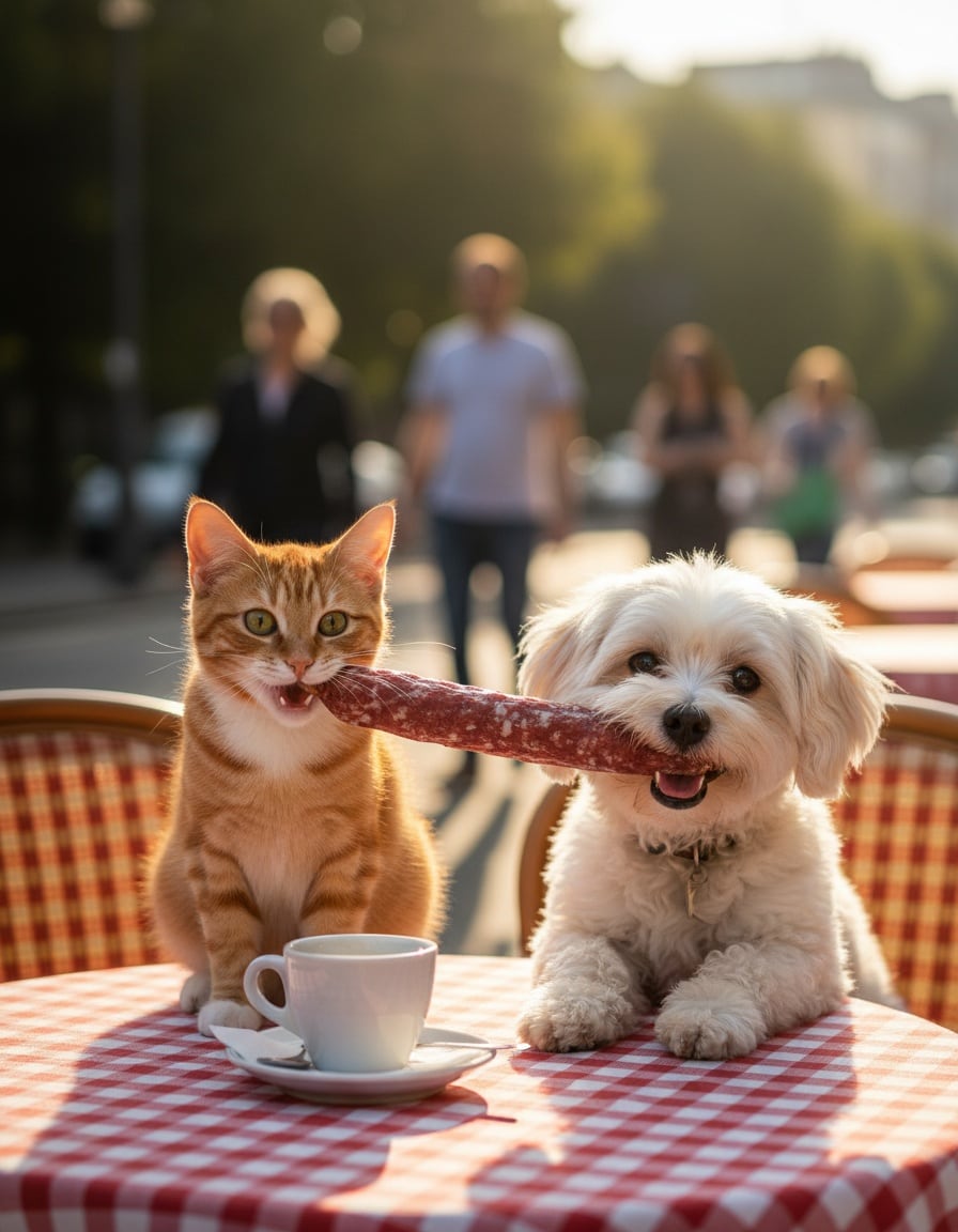 A ginger tabby cat and a small dog happily share a long salami at a café table.