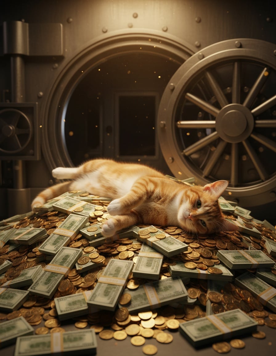 A ginger tabby cat lies happily on a huge pile of banknotes and coins in a bank vault.