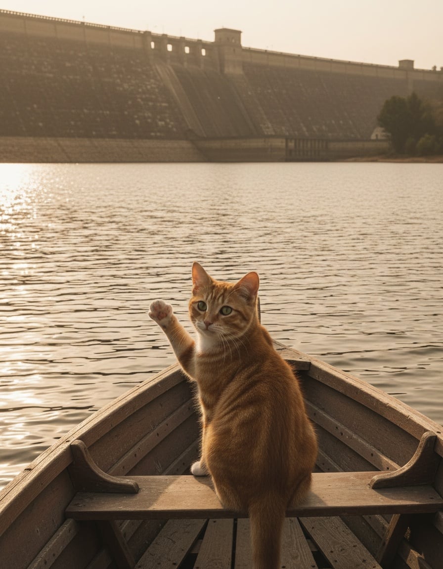 A ginger cat in a rowboat on a large reservoir waves goodbye toward the shore.