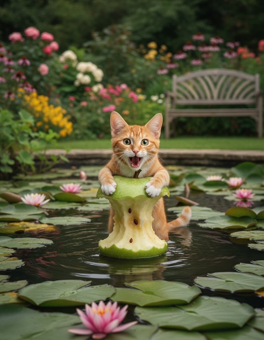 A ginger cat clings to a giant floating apple core in a garden pond, calling for help.