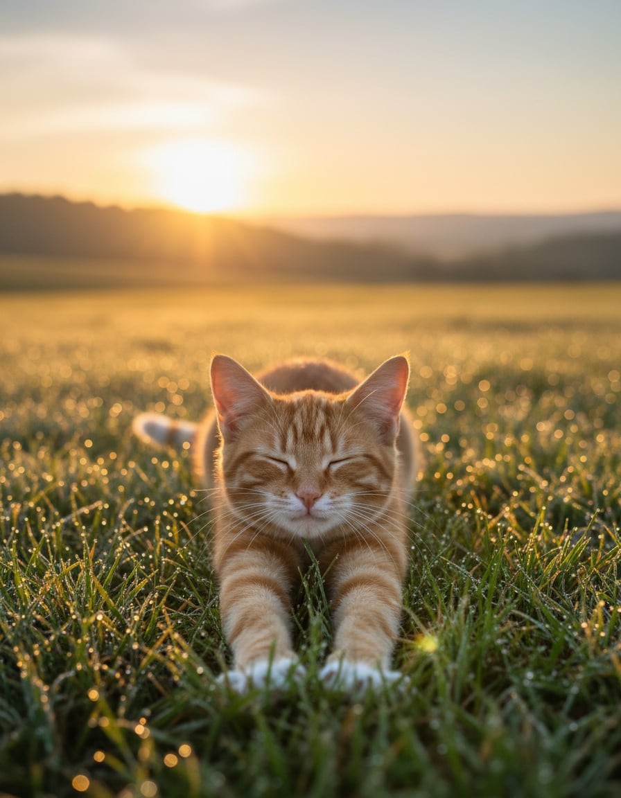 Pixa the cat stretches in dewy grass in a meadow at sunrise.