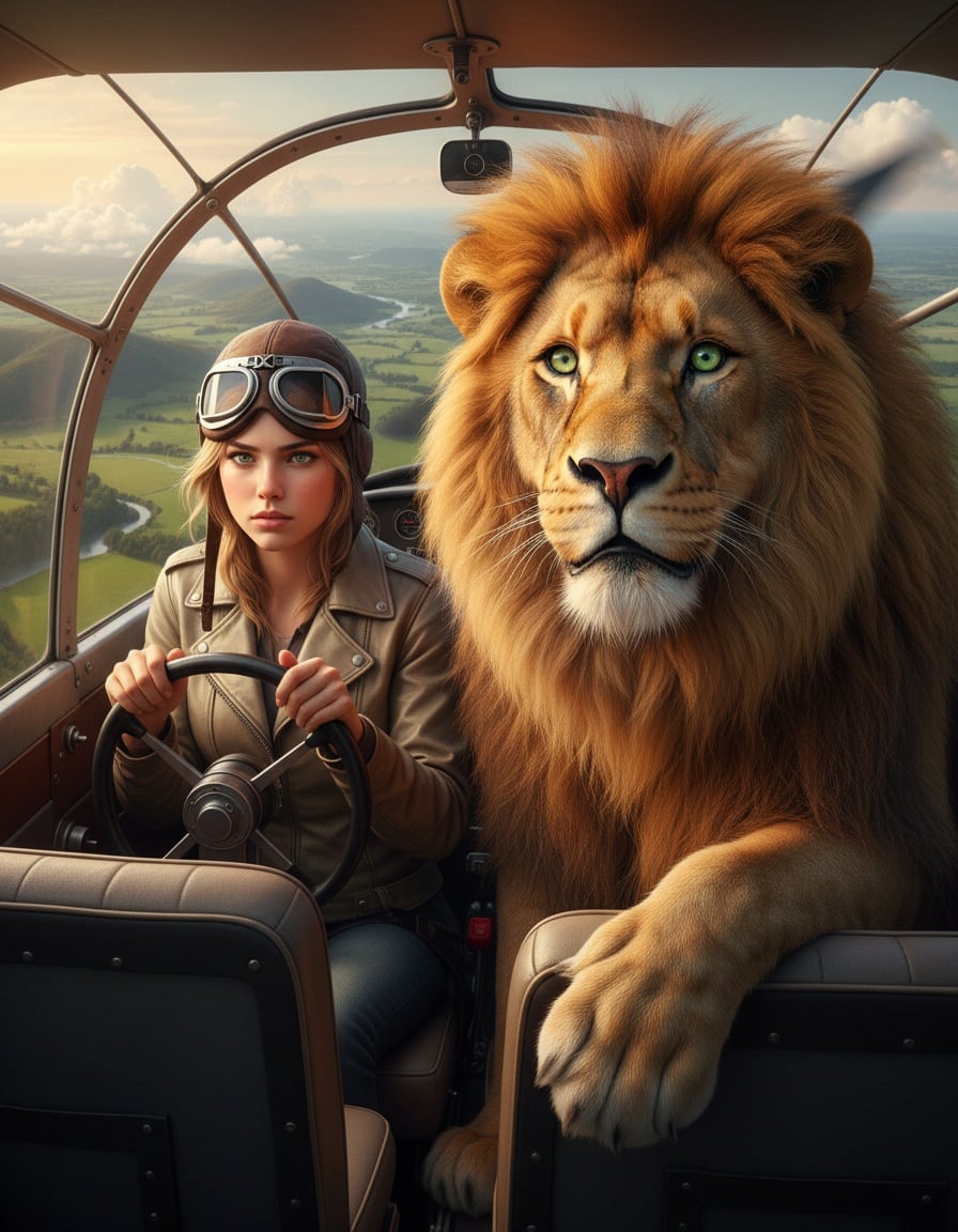 A ginger tabby cat in goggles flies a small plane while a nervous lion sits beside her in the cockpit.