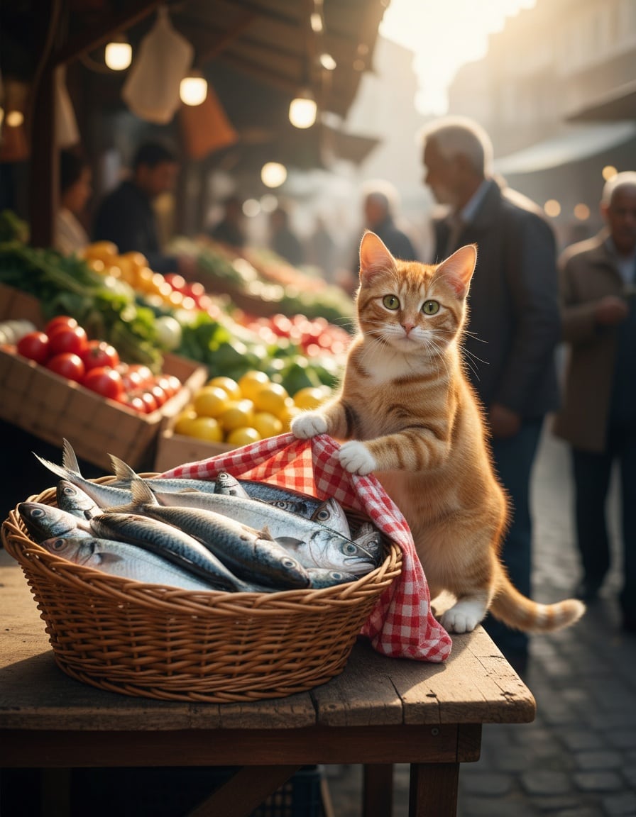 A ginger tabby cat proudly uncovers a basket full of fish at a market stall.