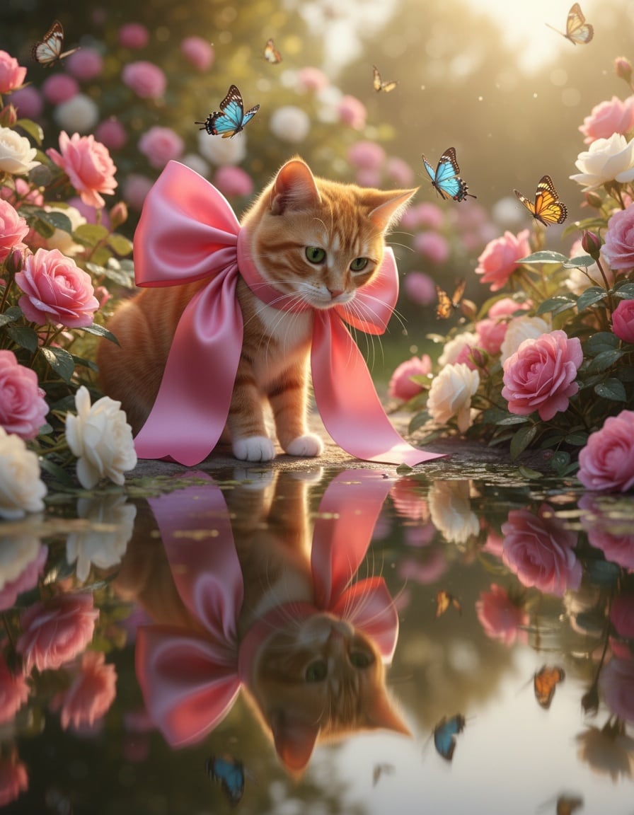 A ginger cat wearing a big pink bow admires her reflection in a garden pond.