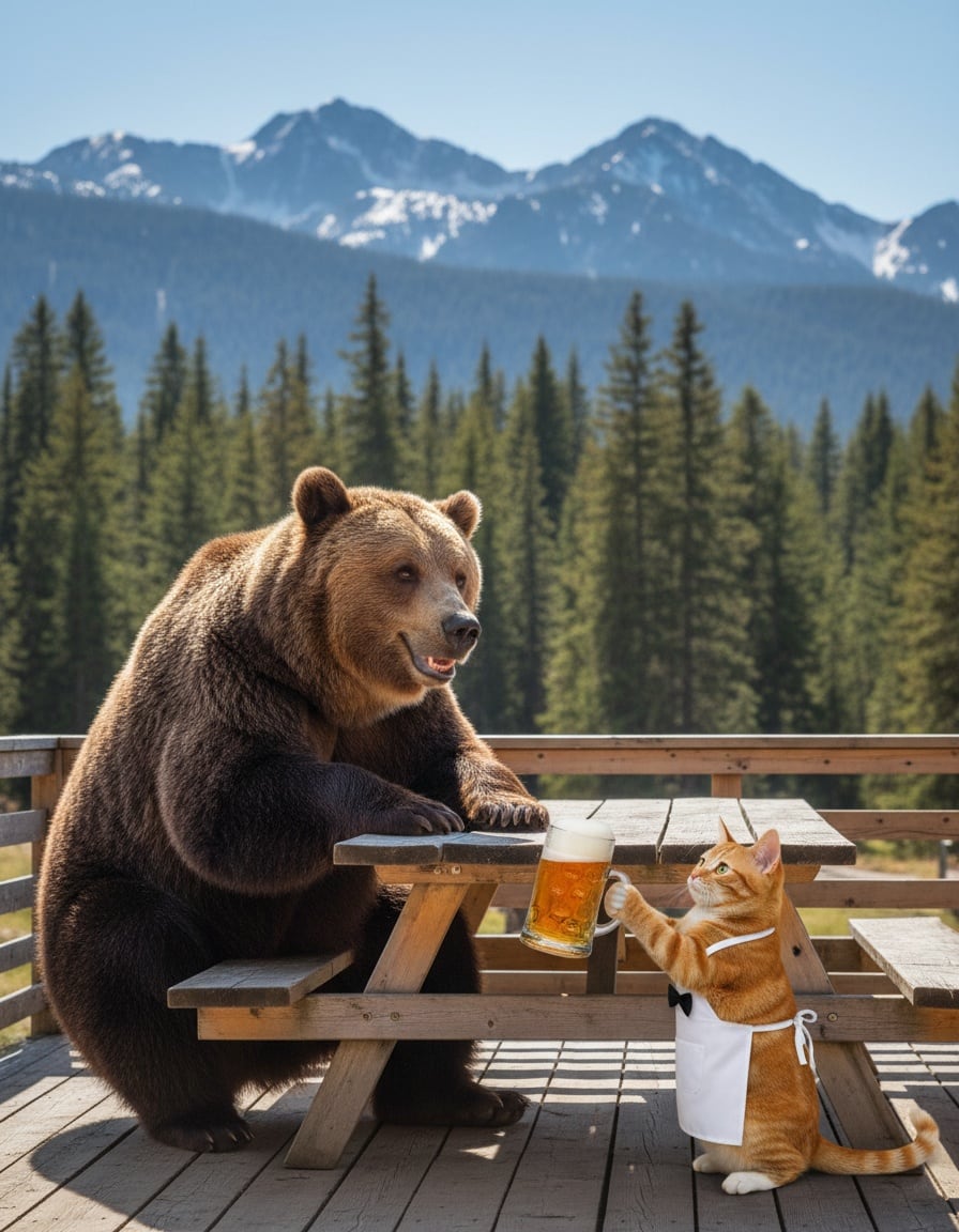 A ginger tabby cat in a waiter's apron serves a mug of beer to a large brown bear at a mountain cabin.