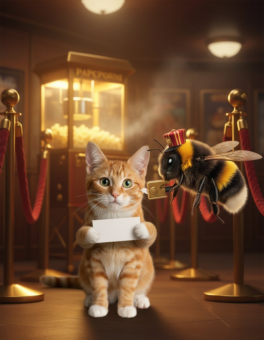 A big bee in an usher's cap punches the ticket held up by a ginger tabby cat in a cinema lobby.