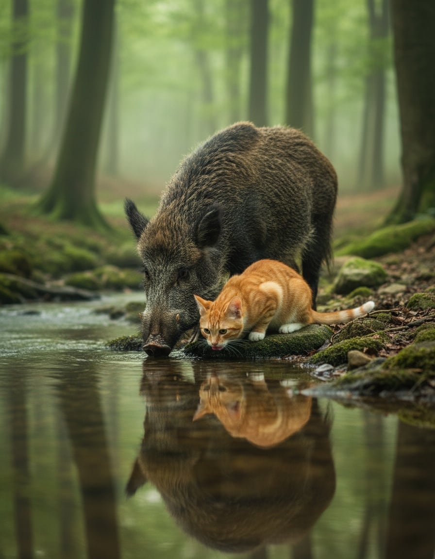 A ginger tabby cat and a wild boar drink side by side from a forest stream.