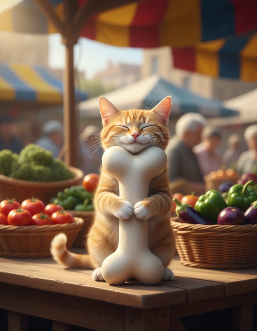 A ginger tabby cat happily hugs a huge bone on a market stall counter.