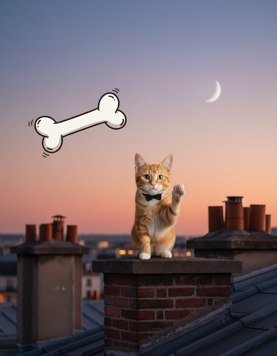 A ginger tabby cat in a bow tie waves from a rooftop at dusk as a giant bone flies across the evening sky.