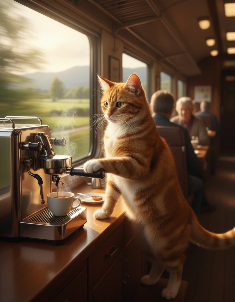 A ginger tabby cat serves steaming coffee from a little counter inside a moving train.