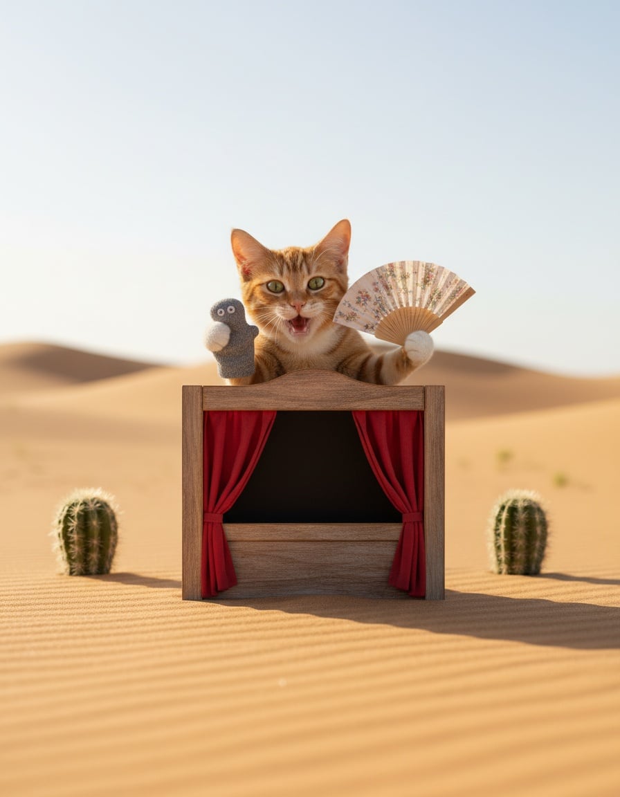 A ginger tabby cat performs a puppet show in a hot desert while fanning itself.
