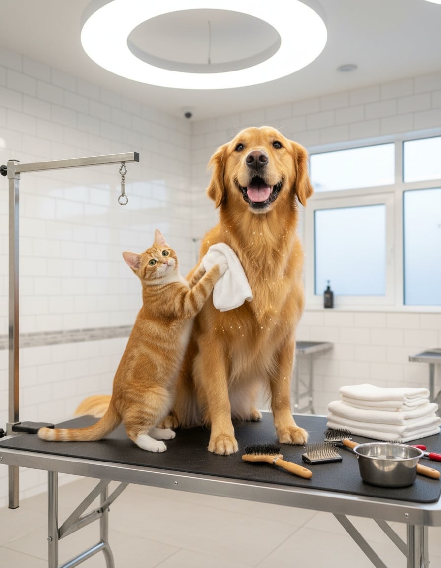 A ginger cat polishes a golden dog until its fur shines brightly.