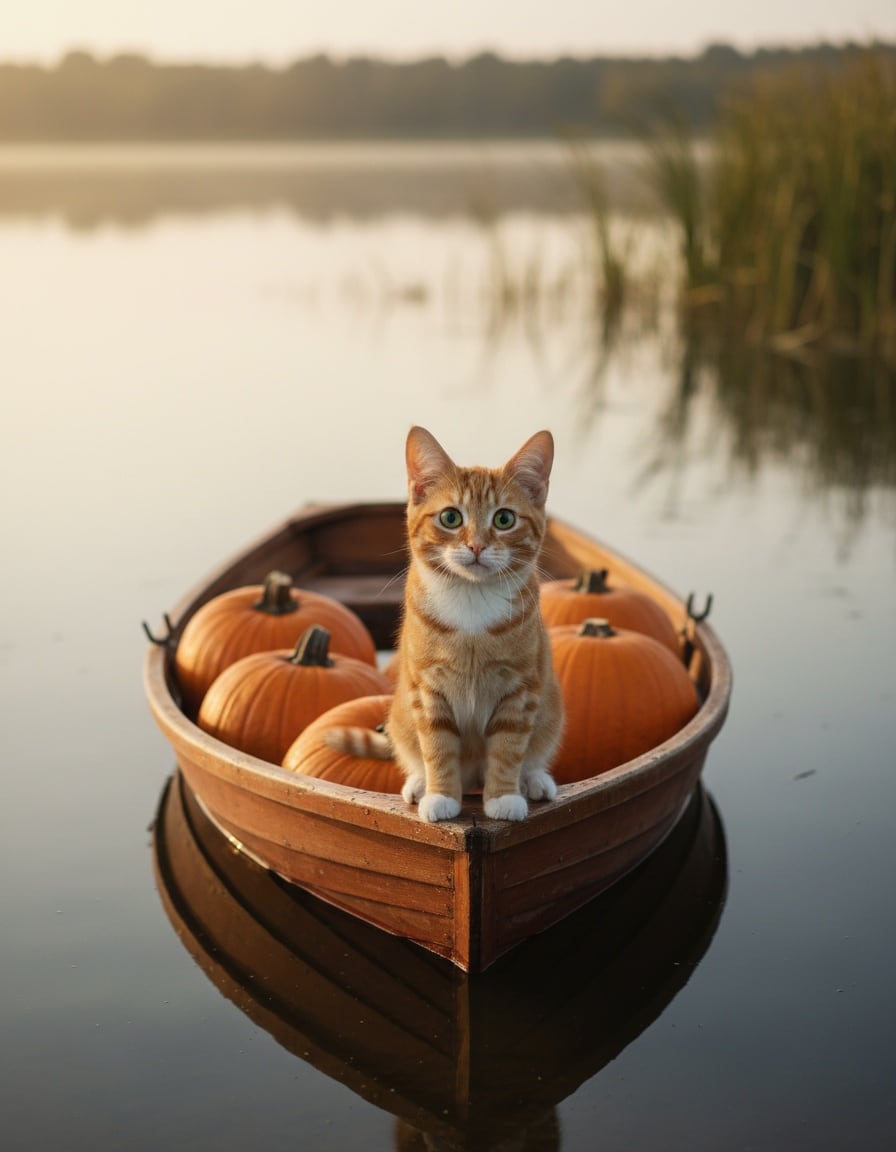 Pixa the cat looks surprised in a sinking rowboat on a lake, loaded with five pumpkins.