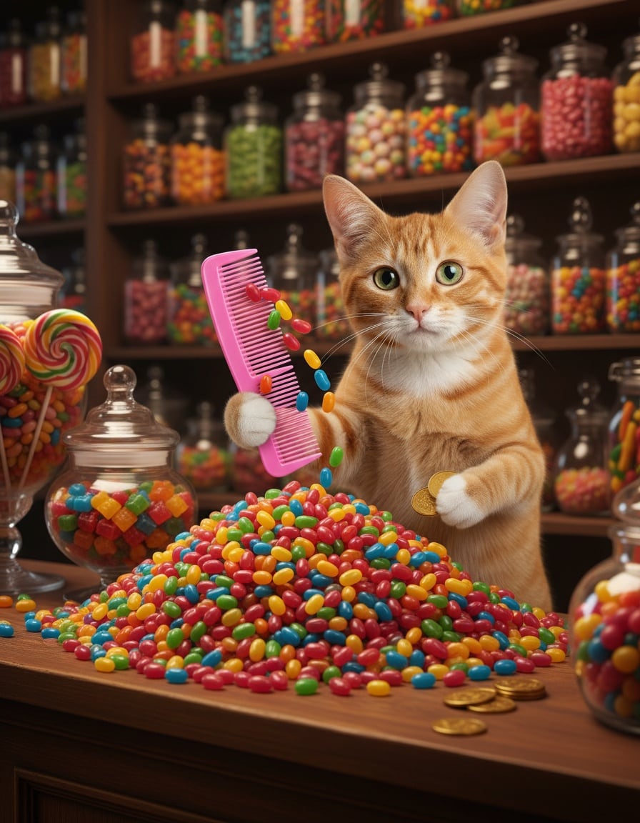 A ginger tabby cat combs through a big pile of jelly beans in a sweet shop while holding out coins.