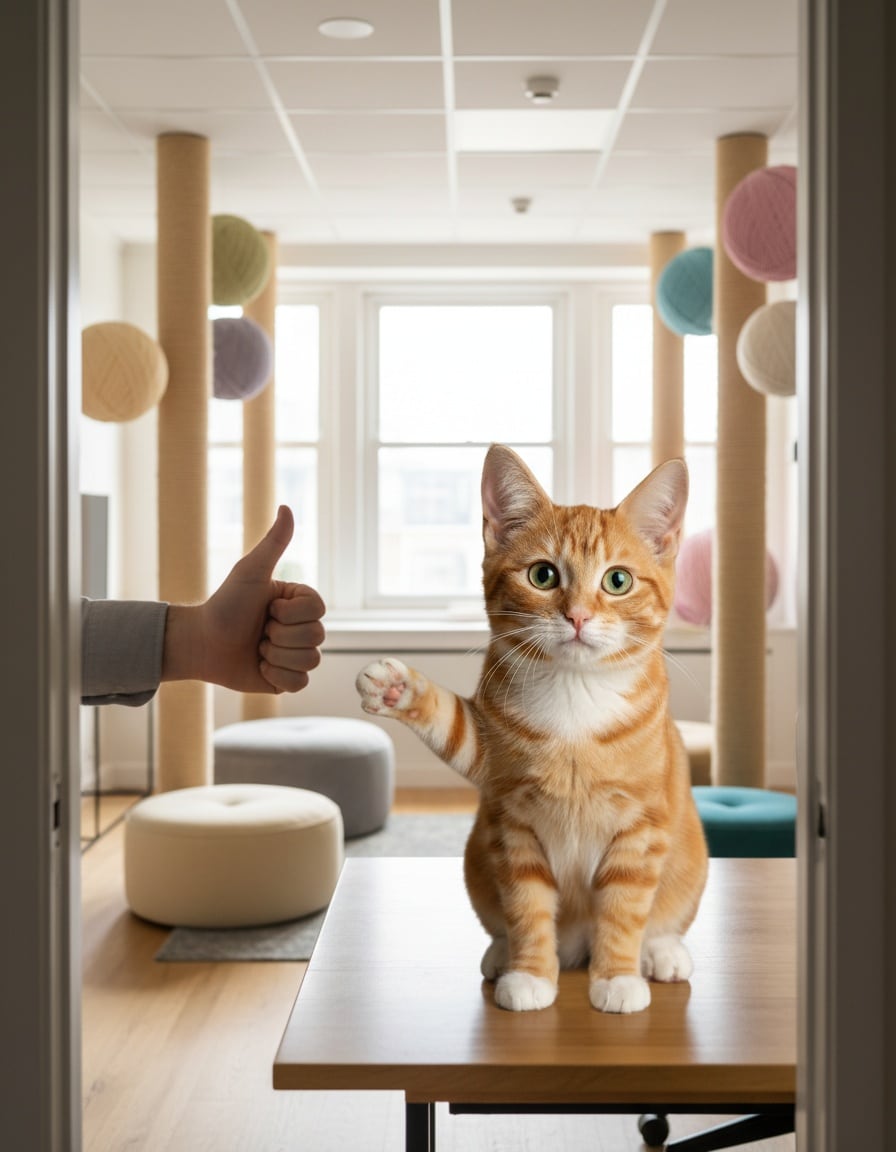 A ginger tabby cat on a desk shows off cat-themed office decorations while a hand gives a thumbs-up.