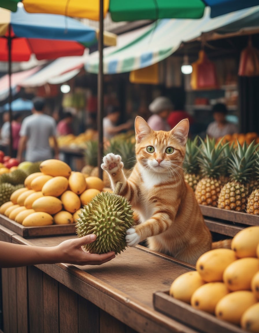 A ginger cat at a fruit market hands a spiky durian to a person and modestly waves a paw.