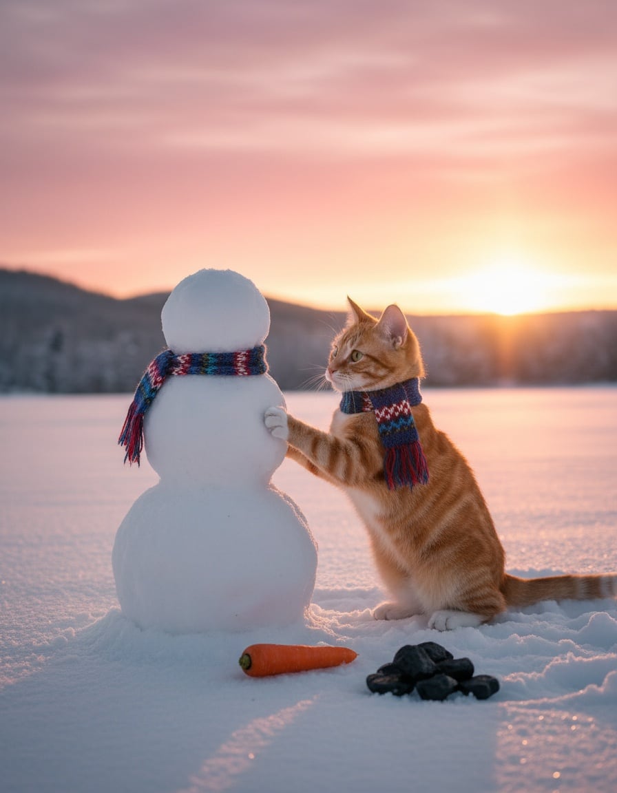 A ginger tabby cat pats a headless snowman in a snowy field at sunset.