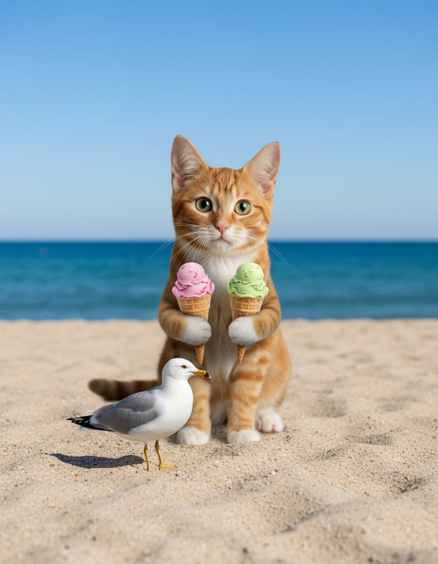 A ginger tabby cat on a beach holds two ice cream cones and gives a seagull an unimpressed look.