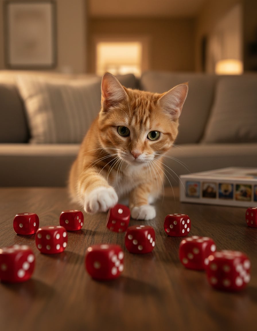 A ginger tabby cat rolls ten red dice across a living room coffee table.