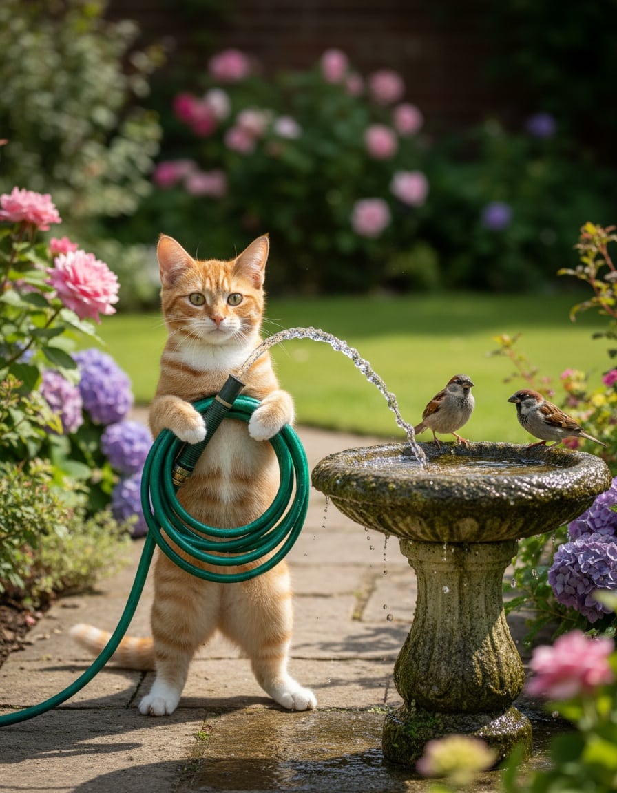 A ginger tabby cat fills a nearly empty birdbath with water from a garden hose while birds watch.