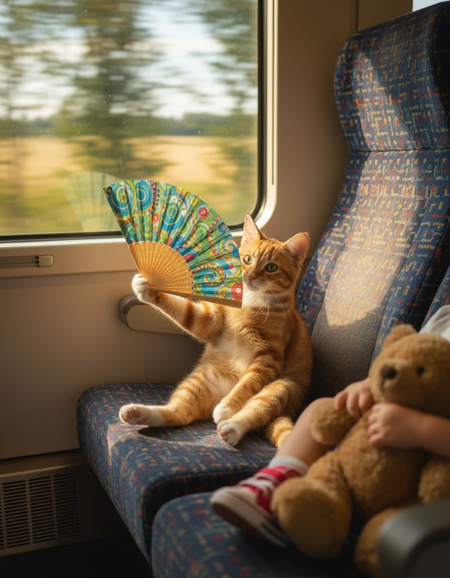 A ginger tabby cat on a train fans a sleepy child whose small hand holds a teddy bear.