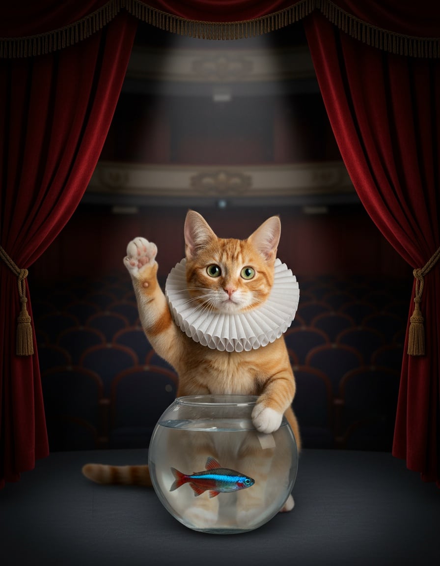 A ginger tabby cat in a ruffled collar performs on stage holding a small fish in a bowl.