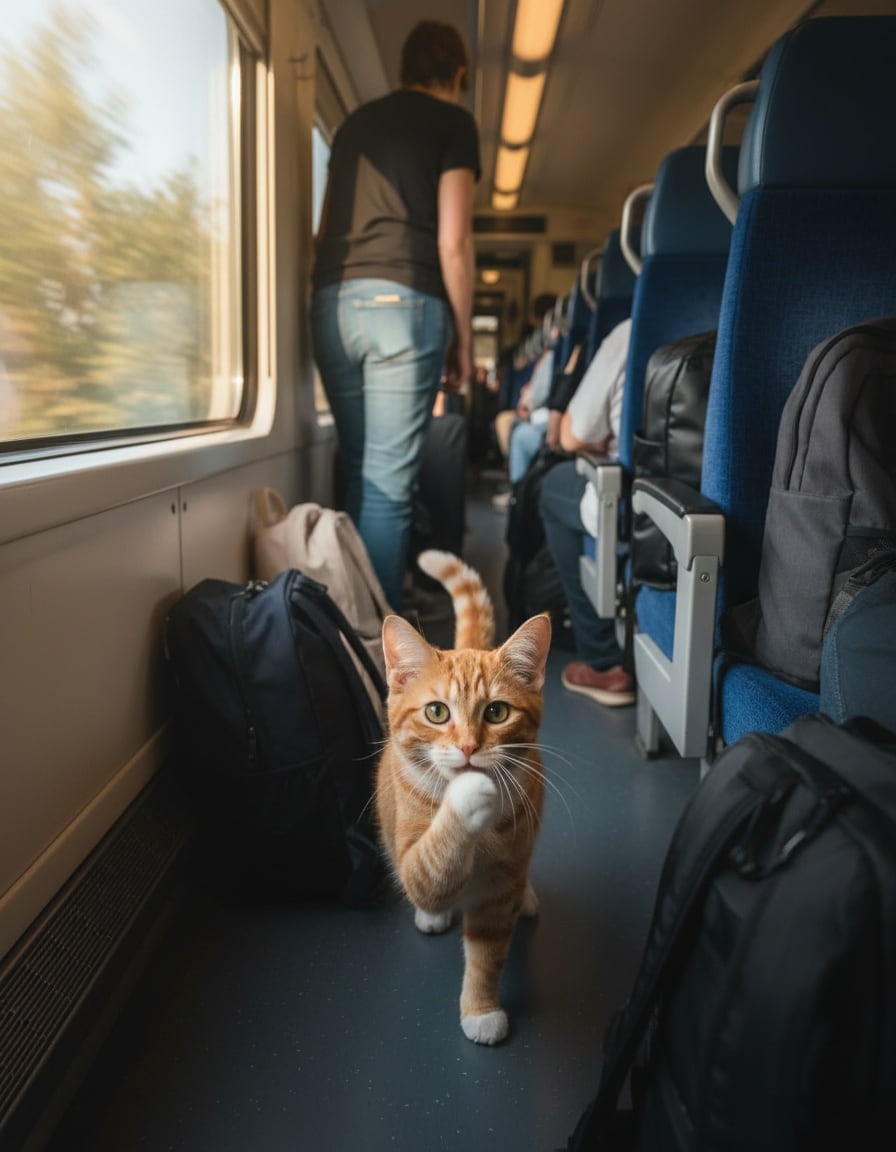 A ginger cat squeezes down a crowded train aisle, blowing a polite kiss as it passes.
