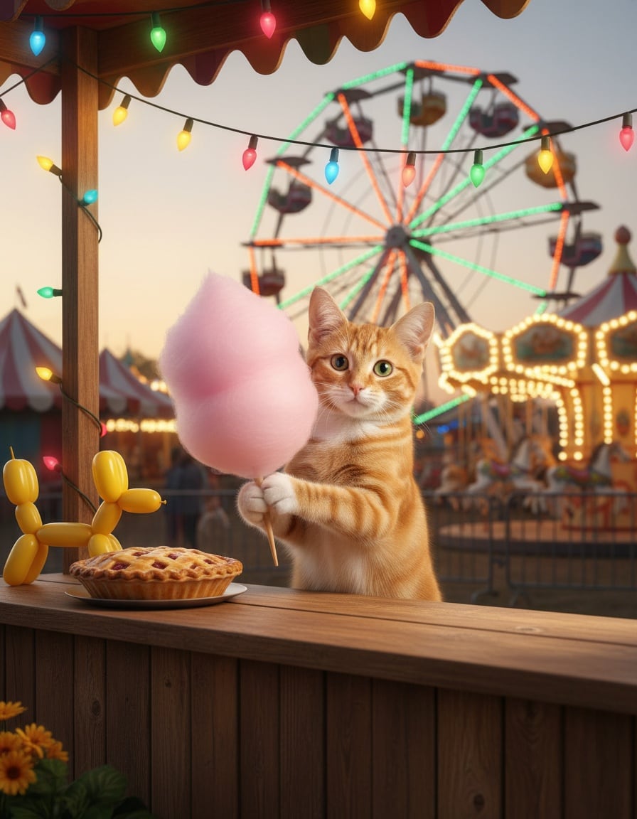 A ginger cat makes cotton candy at a busy fairground stall.