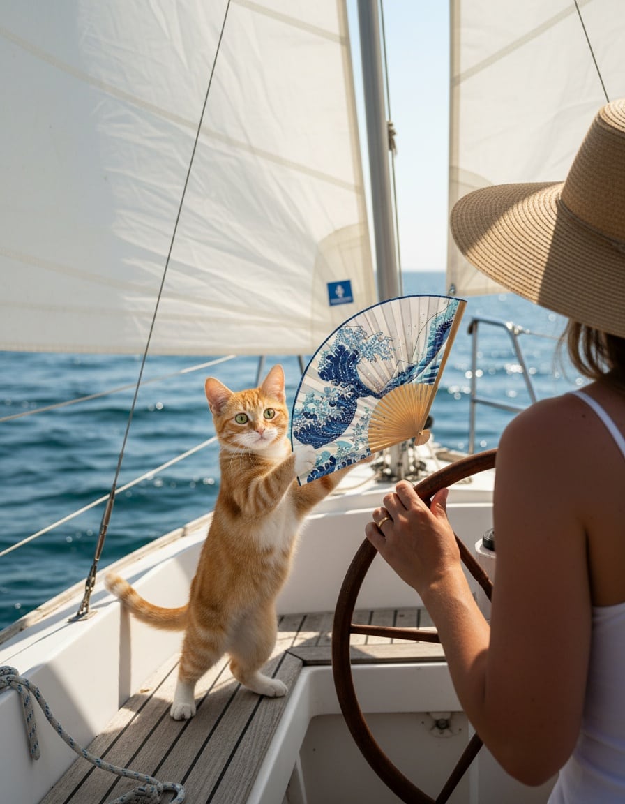 A ginger tabby cat on a sailboat fans a woman in a sun hat who is steering.