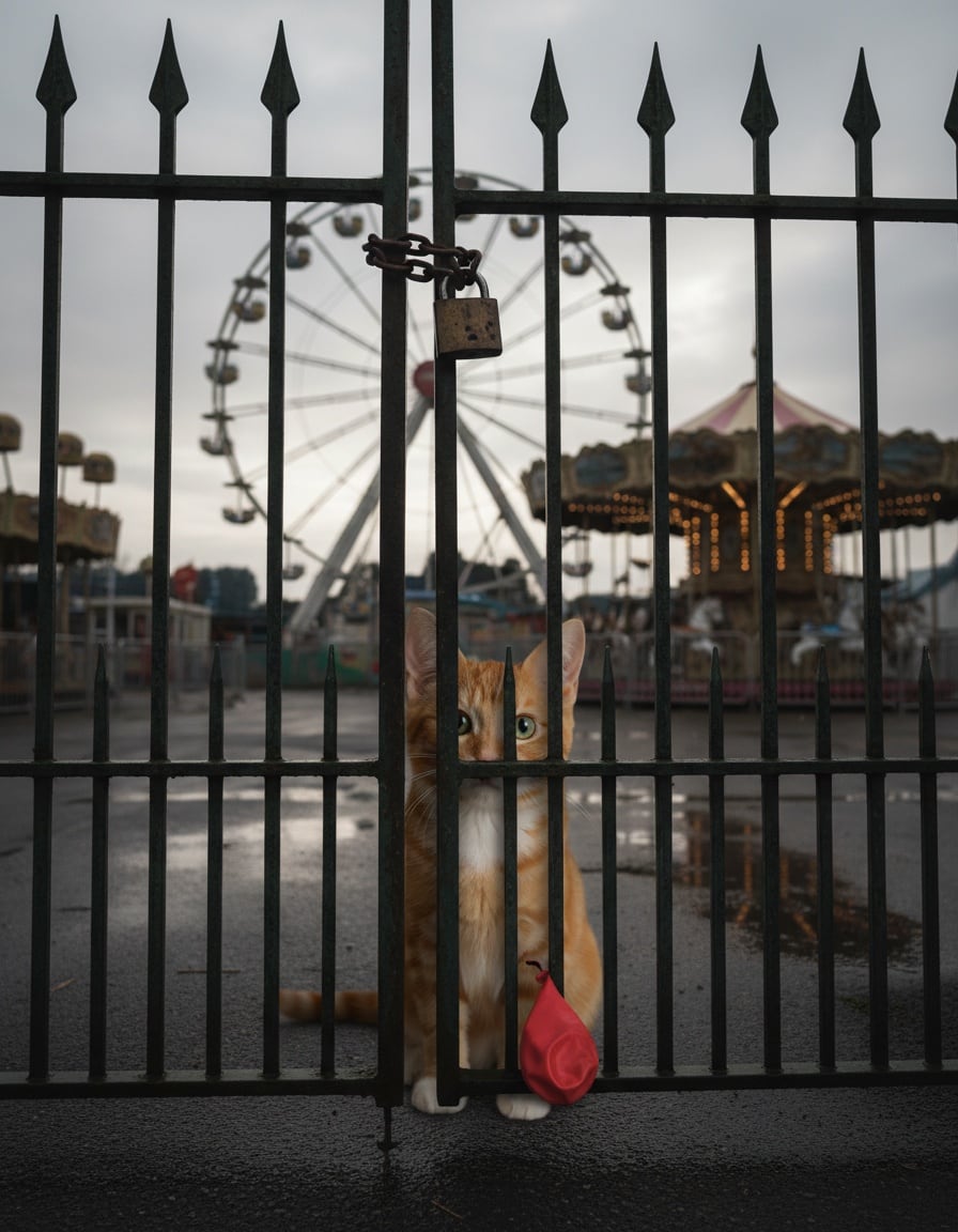 A disappointed ginger tabby cat presses her nose against the locked gates of a closed funfair.