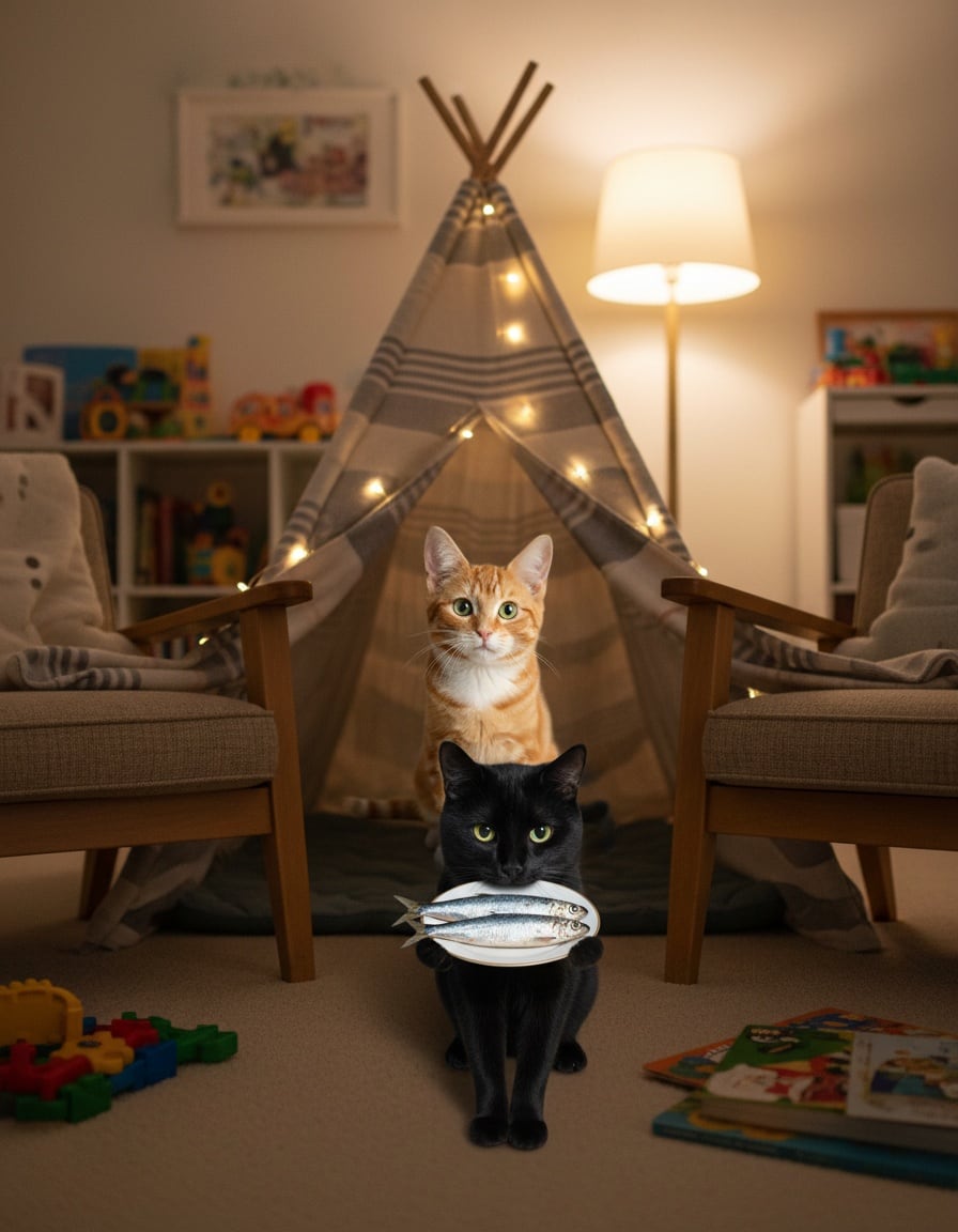 A ginger tabby cat pays three sardines to her kitten daughter guarding a blanket fort.