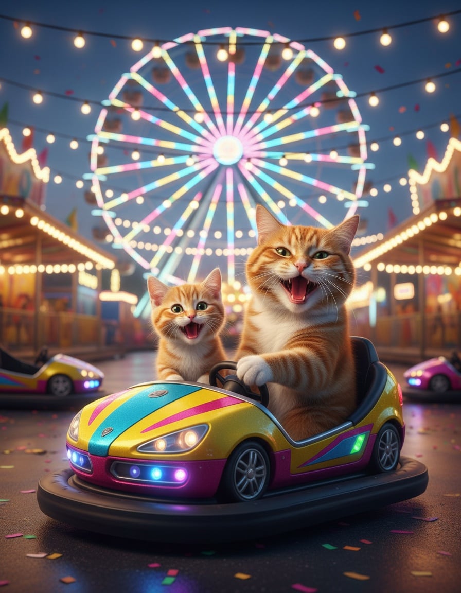 A ginger tabby cat and her bigger look-alike brother ride a bumper car at a lit-up funfair.