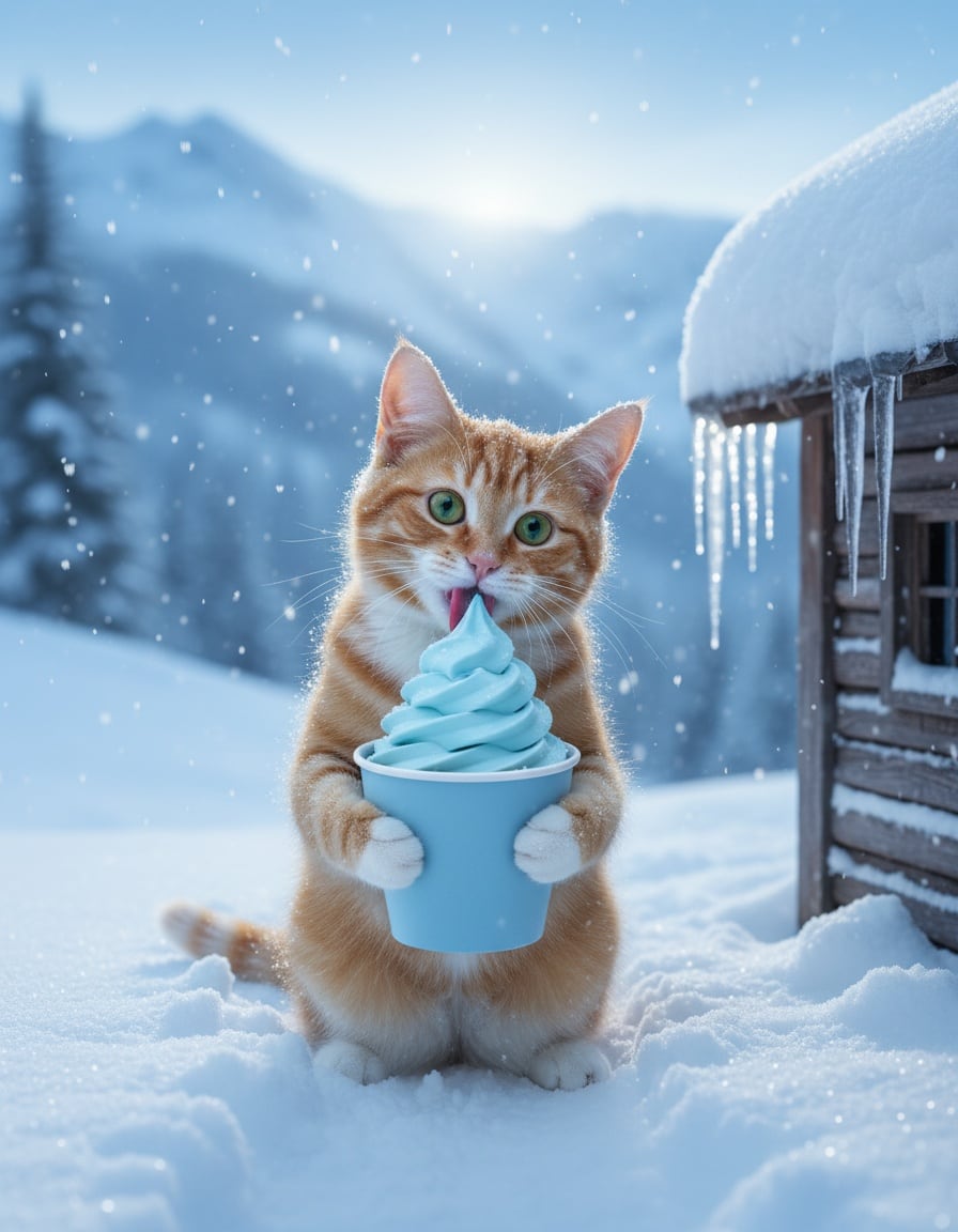 A ginger tabby cat shivers in the snow while licking a giant cup of frozen yogurt.