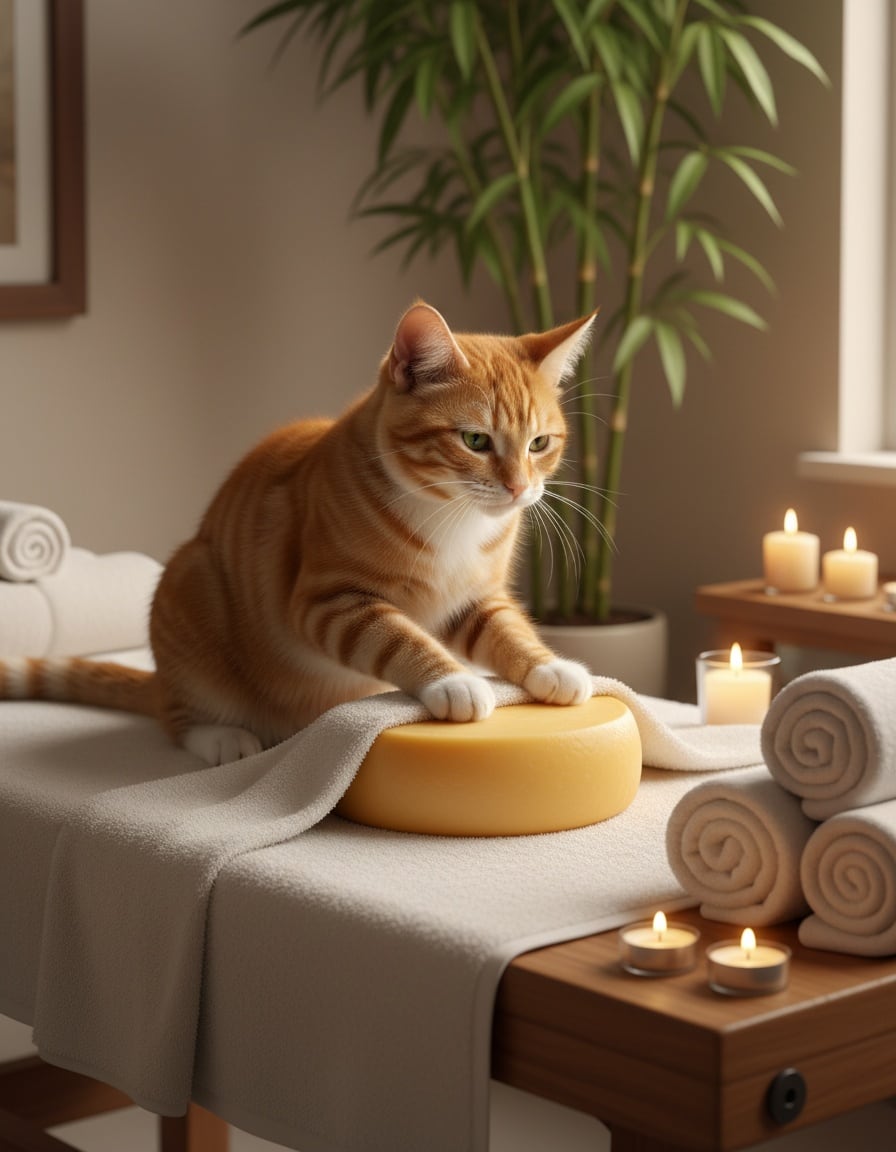 A ginger tabby cat massages a big wheel of cheese lying on a spa massage table.